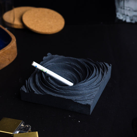 Cyclone Black - Spiral Design ashtray resting on a square base- contemporary design ashtray