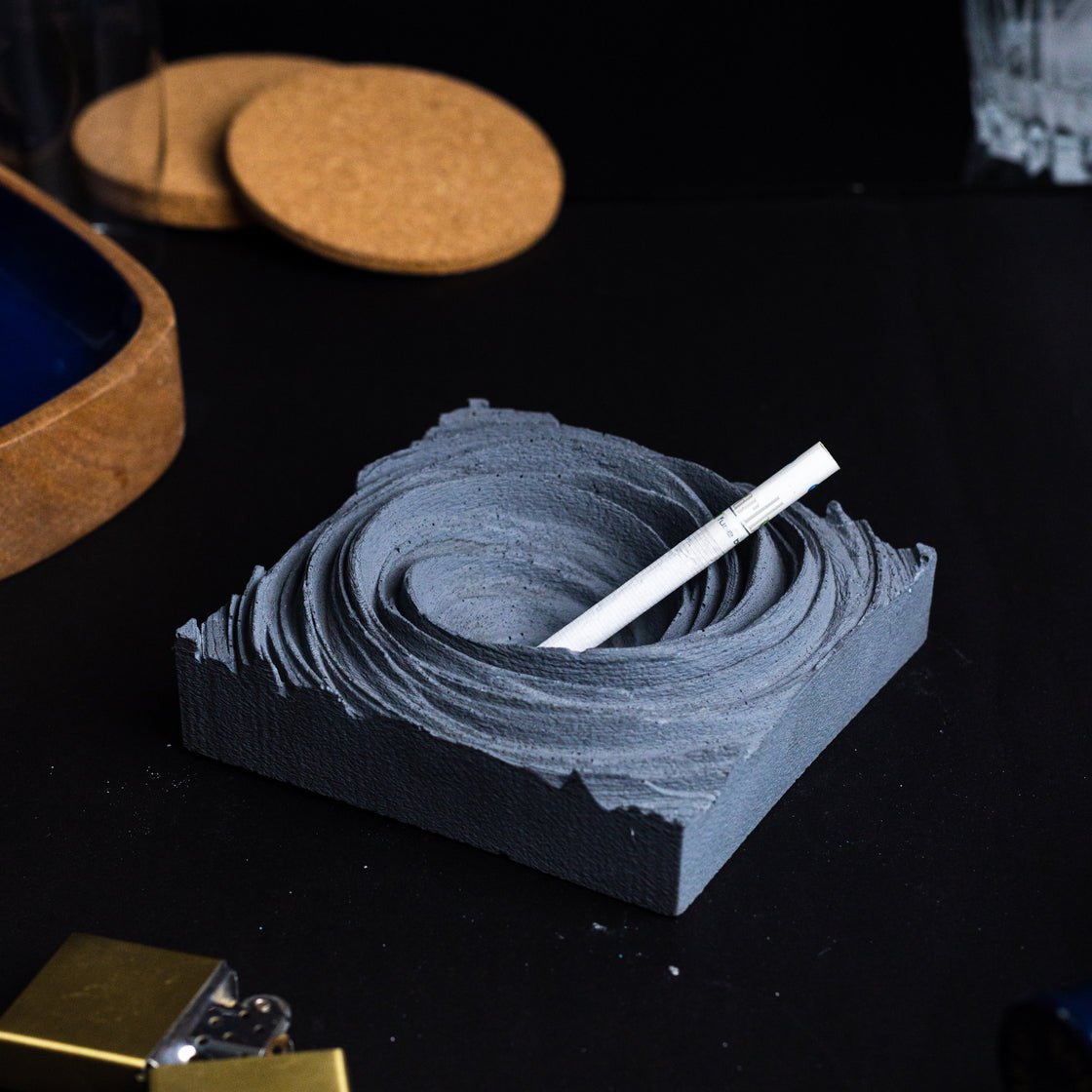 Cyclone Black - Spiral Design ashtray resting on a square base- contemporary design ashtray