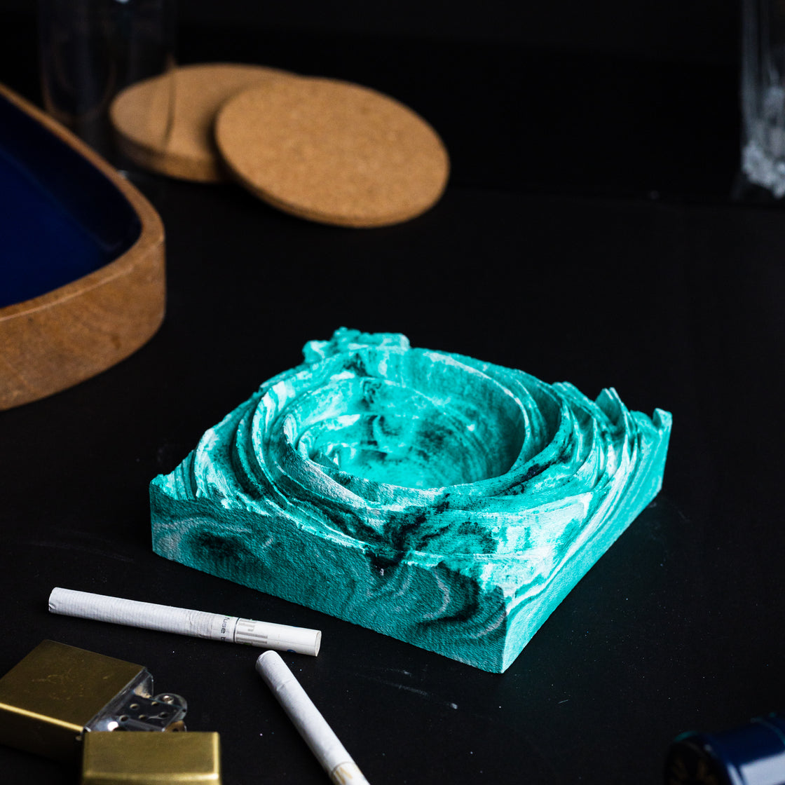 Cyclone Black - Spiral Design ashtray resting on a square base- contemporary design ashtray
