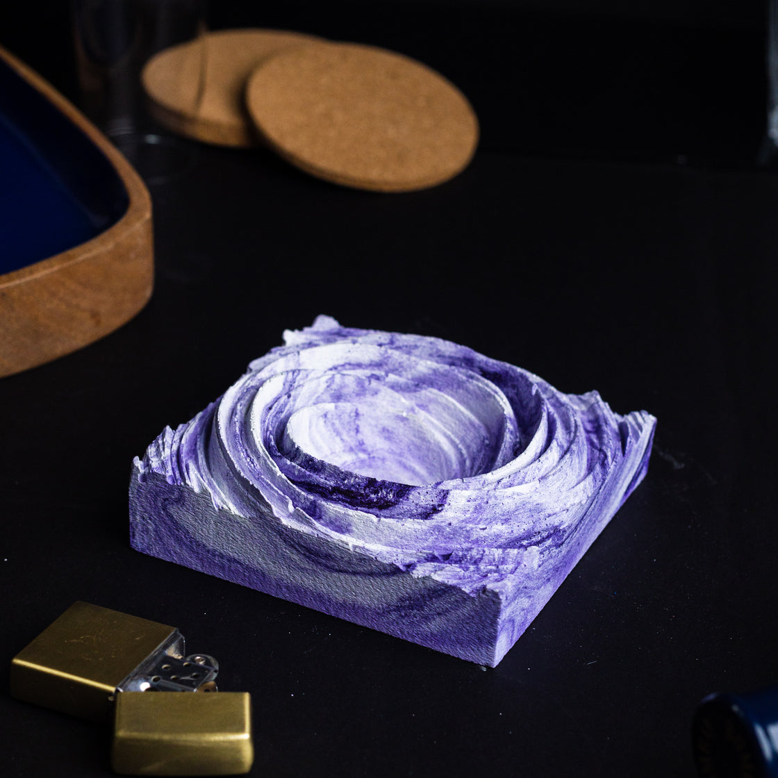 New Cyclone Orchid Marble - Spiral Design ashtray resting on a square base- contemporary design ashtray