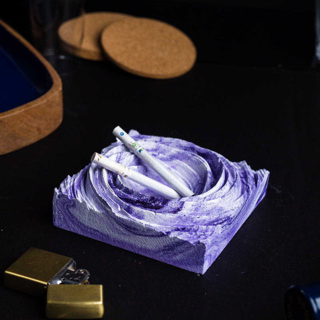 Cyclone Orchid Marble - Spiral Design ashtray resting on a square base- contemporary design ashtray
