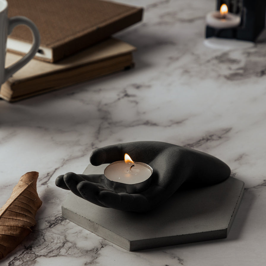 Metacarpus- Dark Concrete Hand shaped Stand alone decor piece can be used as a tealight holder, ashtray, or jewelry display.