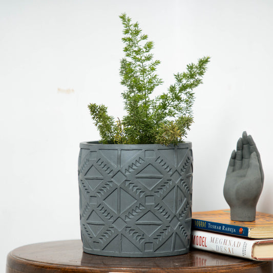 Square Squad-Dark Concrete-Cylindrical Planter with a geometric pattern- ideal for indoors and outdoors