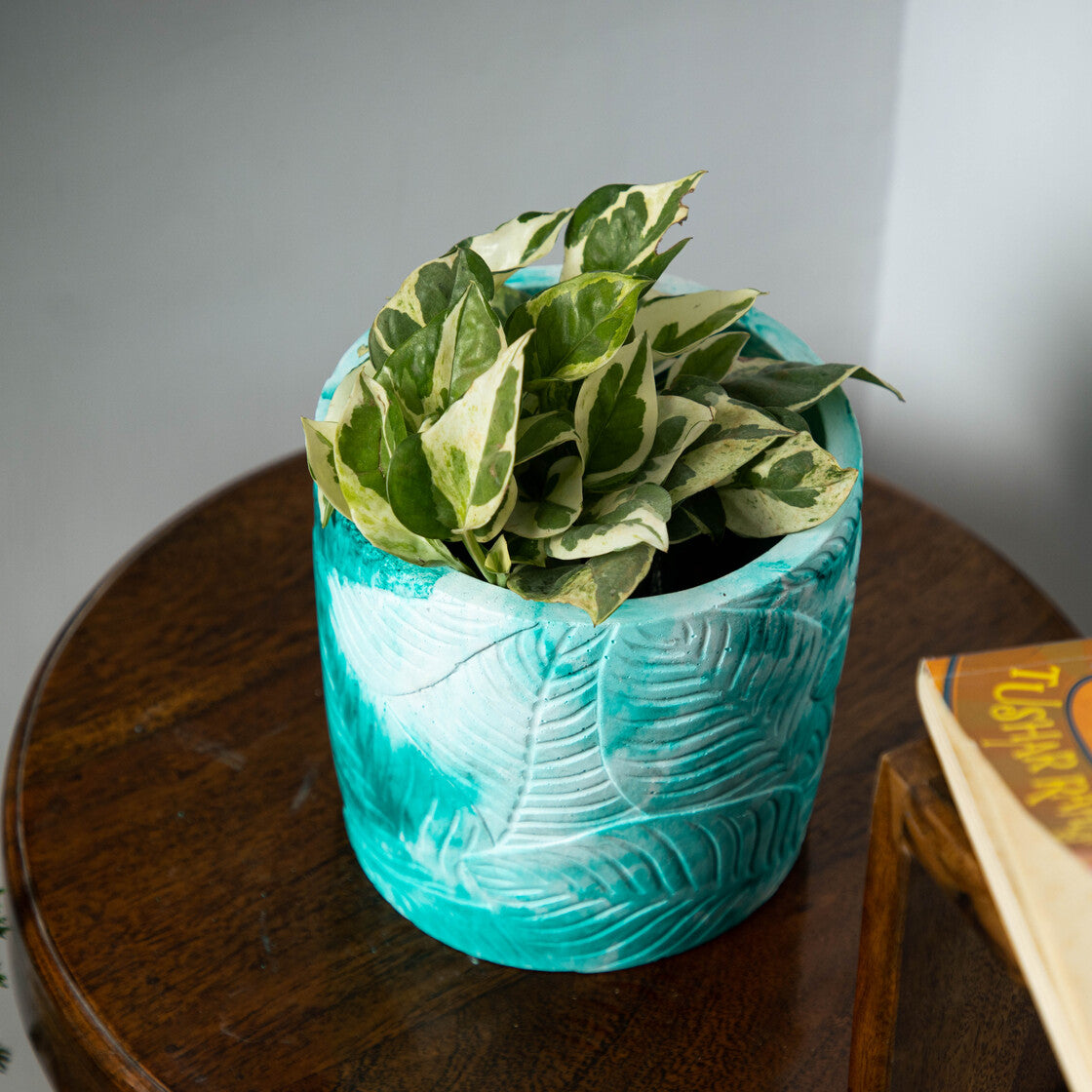 Frond-Mint Marble-Leaf Imprint Planter, features an Embossed Leaves texture