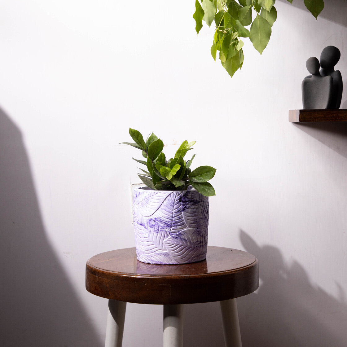 Frond-Mint Marble-Leaf Imprint Planter, features an Embossed Leaves texture