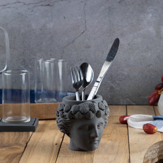 Hygieia Headed-Dark Concrete-Roman Head Planter- can be used as a succulent planter, pen stand, and decor accessory.