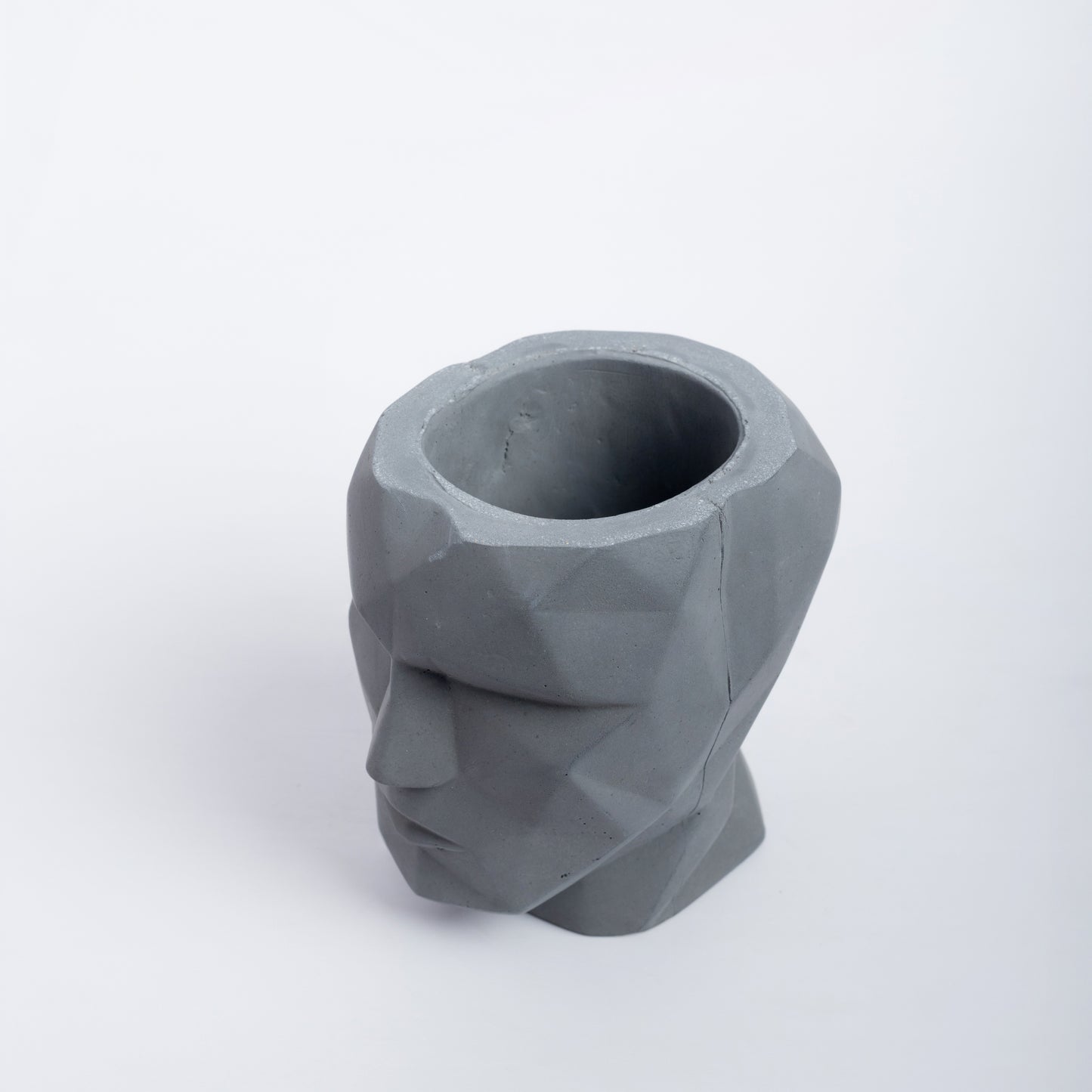 Skull-n-vogue- Dark Concrete Head shaped pot, ideal for both indoor and outdoor plants, contemporary faceted design