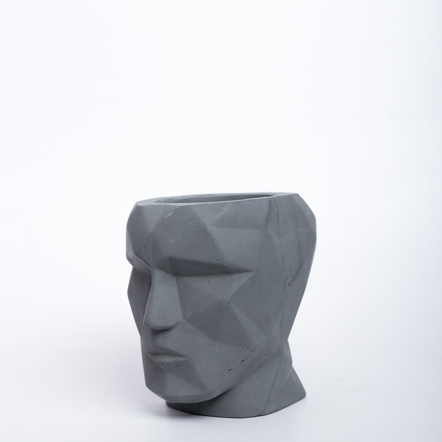Skull-n-vogue- Dark Concrete Head shaped pot, ideal for both indoor and outdoor plants, contemporary faceted design