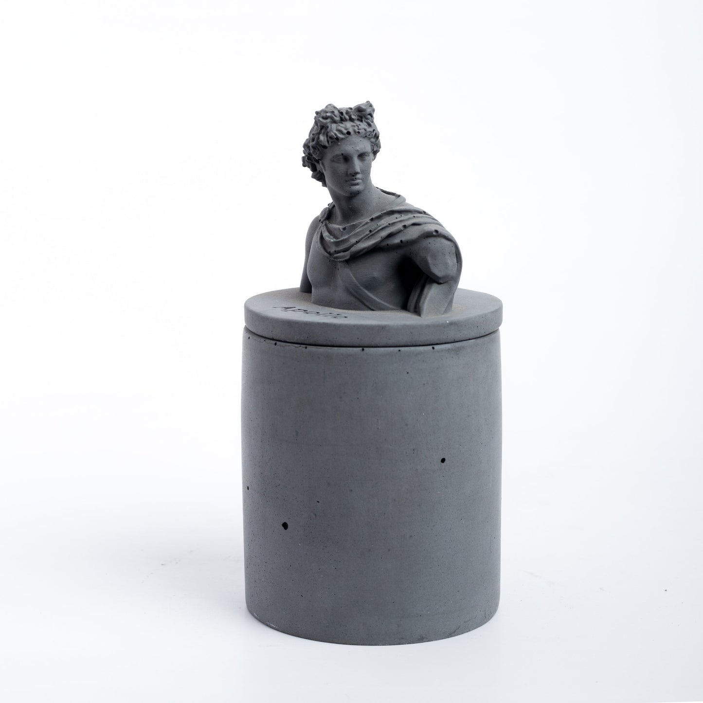 New Apollo Atop Dark Concrete-Greek Home Decor- A container with a Greek God lid. Statement decor piece ideal for gifting, home, and work decor.