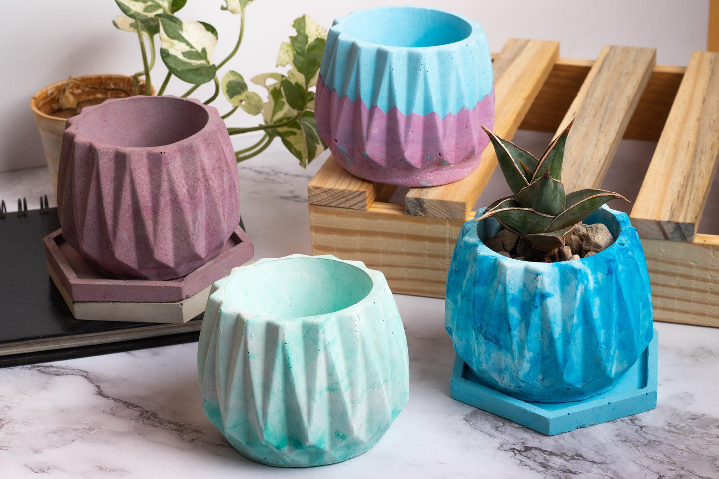 Onca Basil Green - Geometric Succulent Planter for Table top Decor, Window sill or Ledge for Home & Office