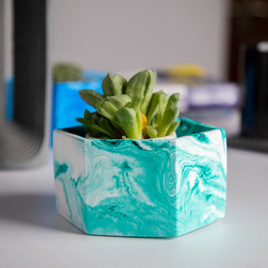 Hexo- Mint marble - Hexagonal concrete pot for succulents & small plants perfect for office and study table