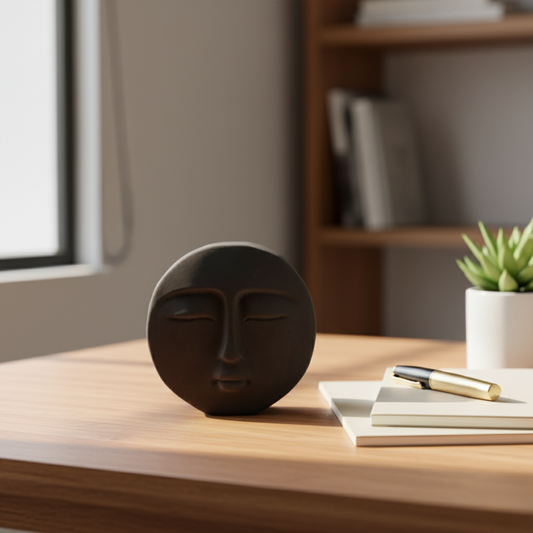 Phiz- Dark Concrete Round Face shaped Paper Weight for a work desk, office, and study table.