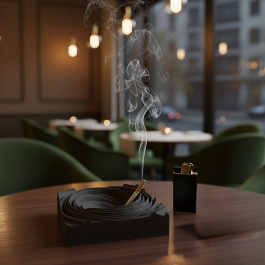 Cyclone Black - Spiral Design ashtray resting on a square base- contemporary design ashtray