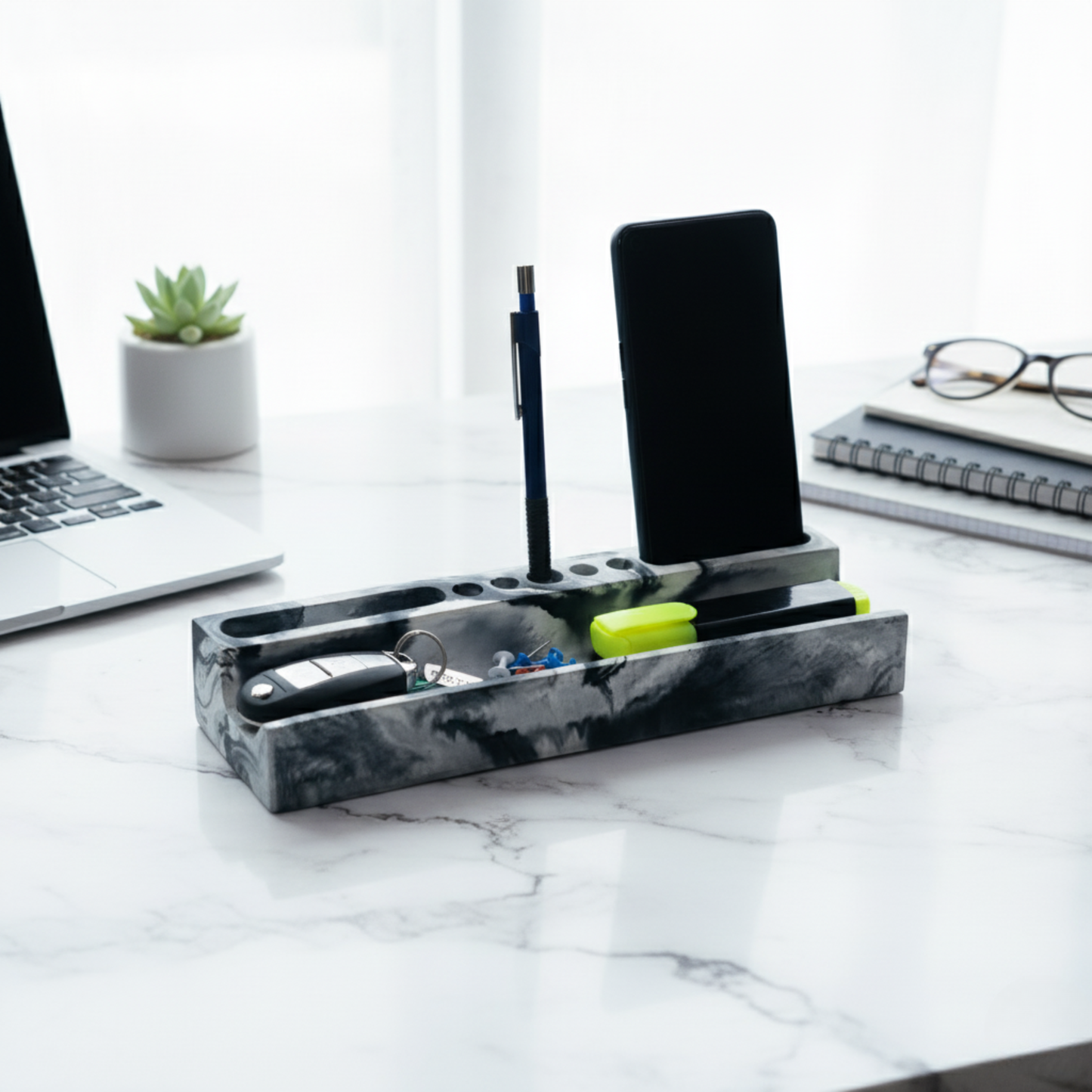 Trough Organiser-Nero Marble-Cardholder and pen stand