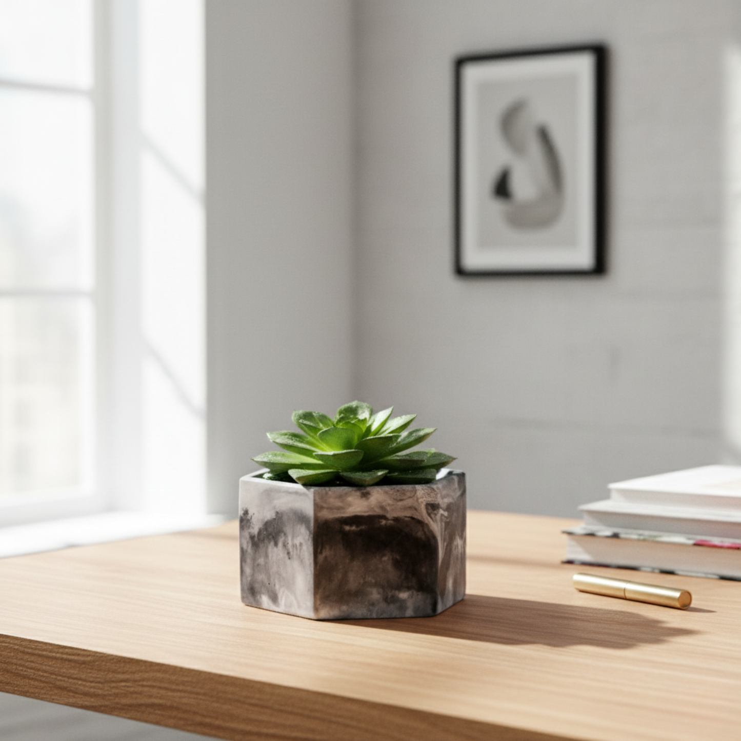Hexo- Nero marble - Hexagonal concrete pot for succulents & small plants perfect for office and study table