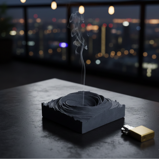 New Cyclone Dark Concrete - Spiral Design ashtray resting on a square base- contemporary design ashtray