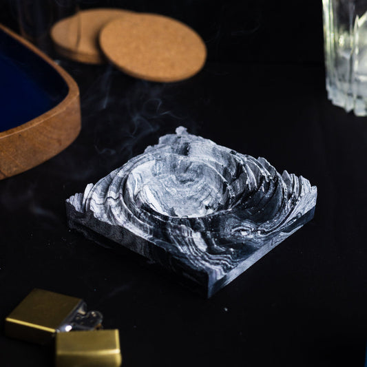New Cyclone Nero Marble - Spiral Design ashtray resting on a square base- contemporary design ashtray