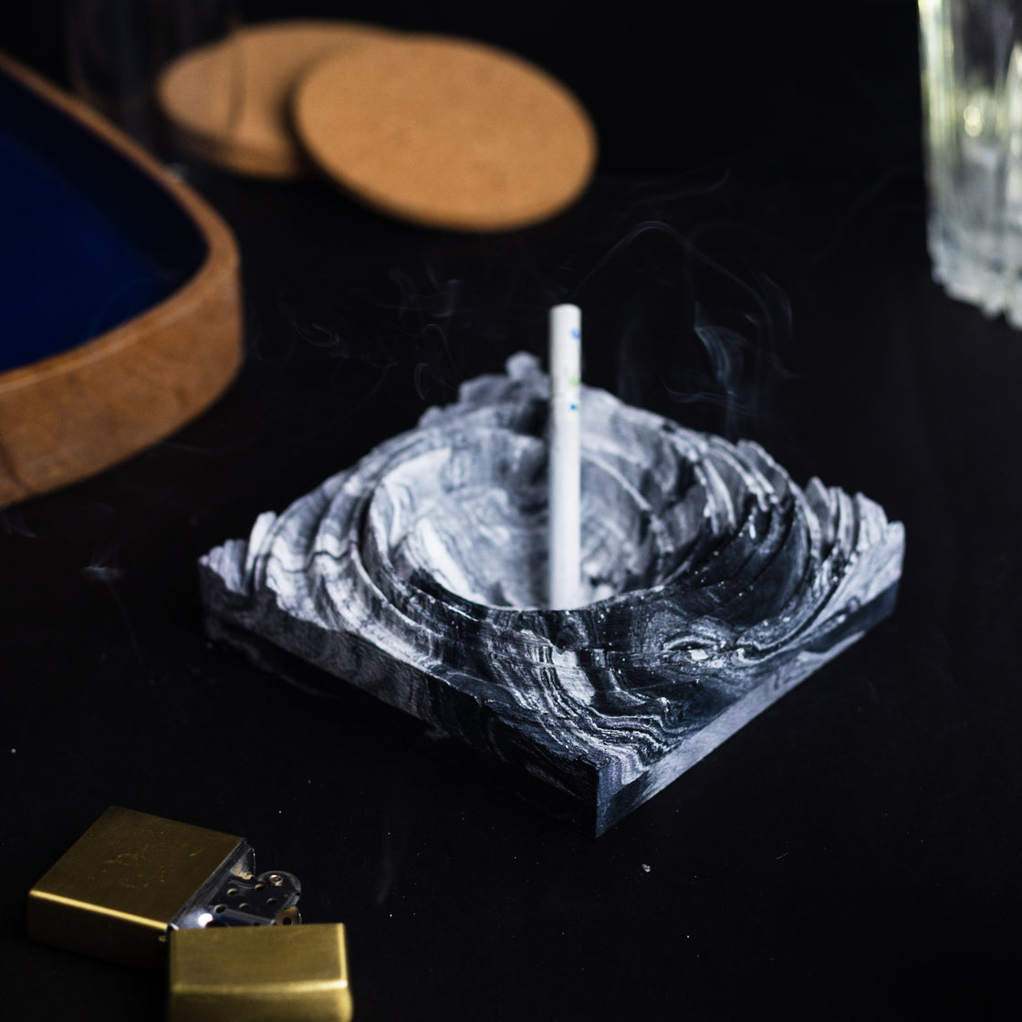 Cyclone Candy Marble - Spiral Design ashtray resting on a square base- contemporary design ashtray