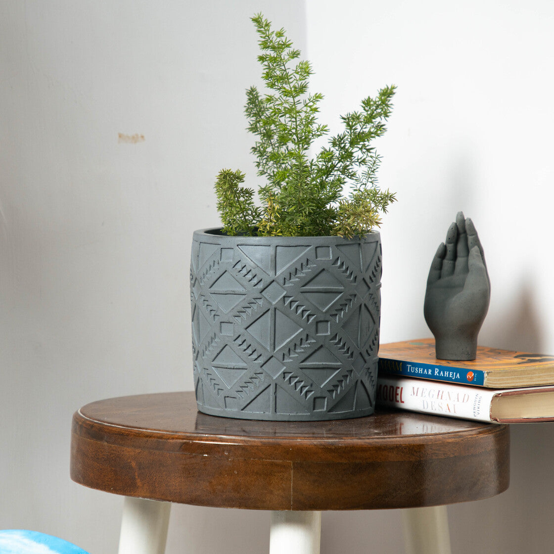 Square Squad-Dark Concrete-Cylindrical Planter with a geometric pattern- ideal for indoors and outdoors