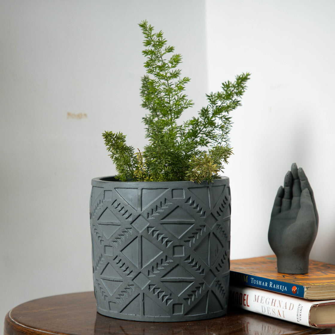 Square Squad-Dark Concrete-Cylindrical Planter with a geometric pattern- ideal for indoors and outdoors