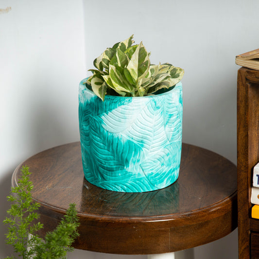 Frond-Mint Marble-Leaf Imprint Planter, features an Embossed Leaves texture