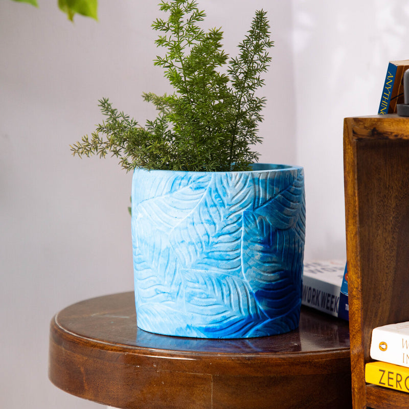 Frond-Orchid Marble-Leaf Imprint Planter, features an Embossed Leaves texture