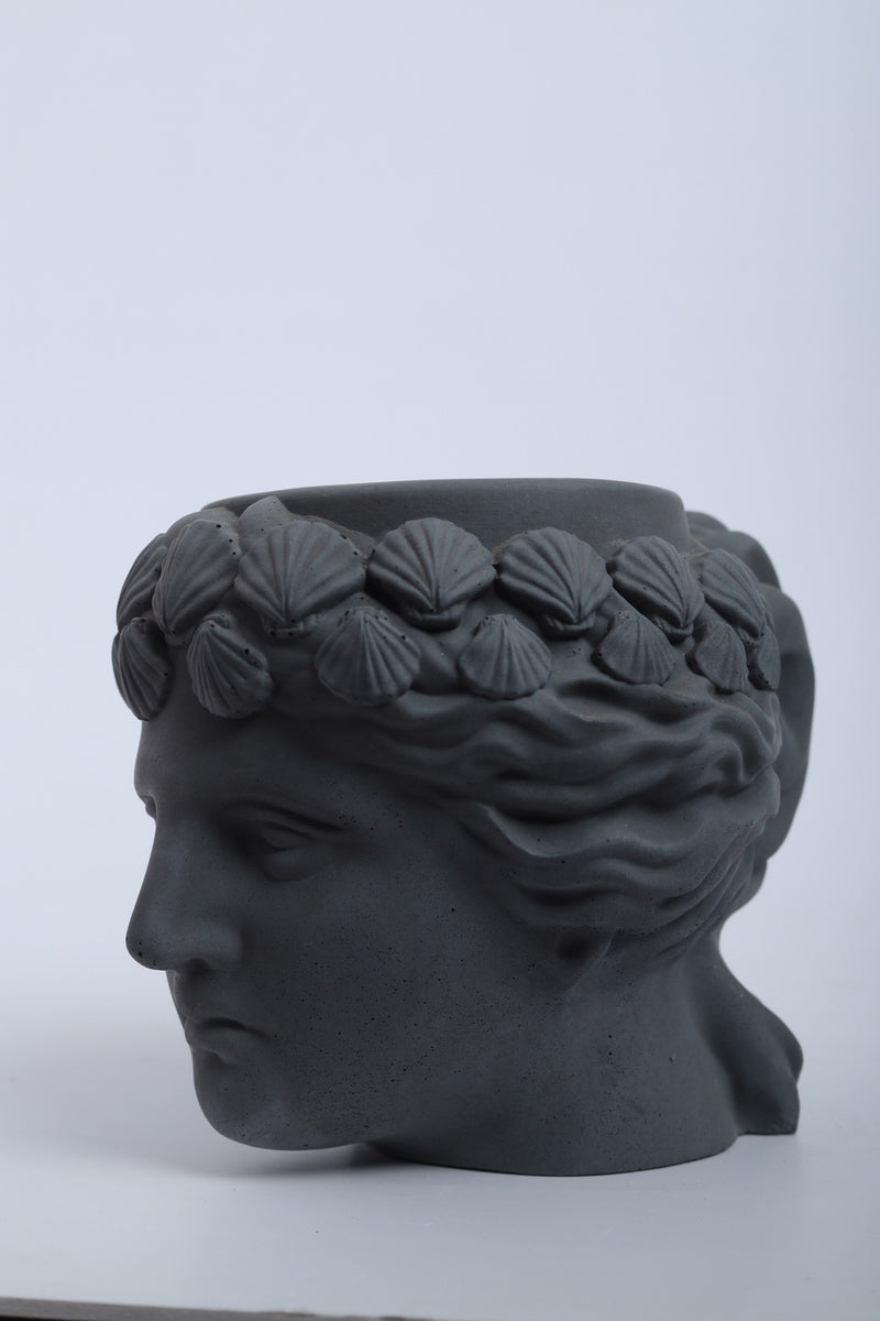 Hygieia Headed-Dark Concrete-Roman Head Planter- can be used as a succulent planter, pen stand, and decor accessory.