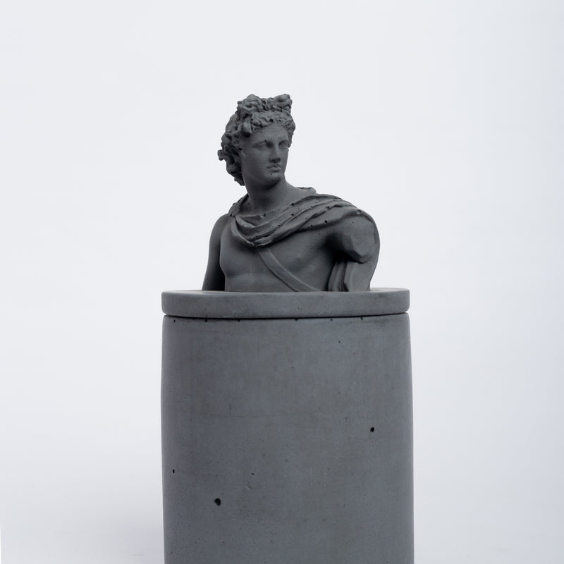 Apollo Atop Dark Concrete-Greek Home Decor- A container with a Greek God lid. Statement decor piece ideal for gifting, home, and work decor.