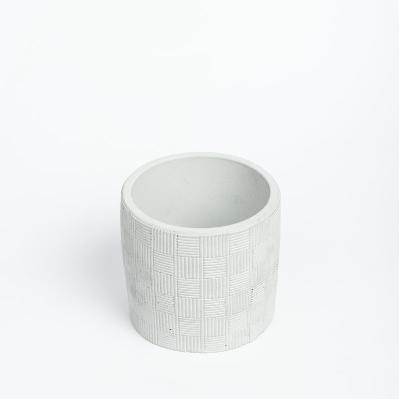 Basketweave-Cement finish-Cylindrical planter with a pattern suitable for indoors and outdoors
