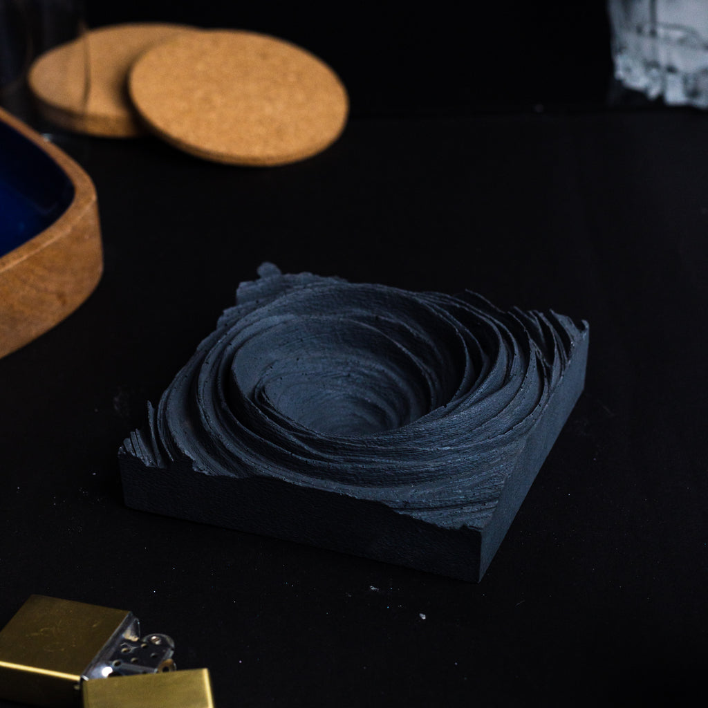 New Cyclone Nero Marble - Spiral Design ashtray resting on a square base- contemporary design ashtray