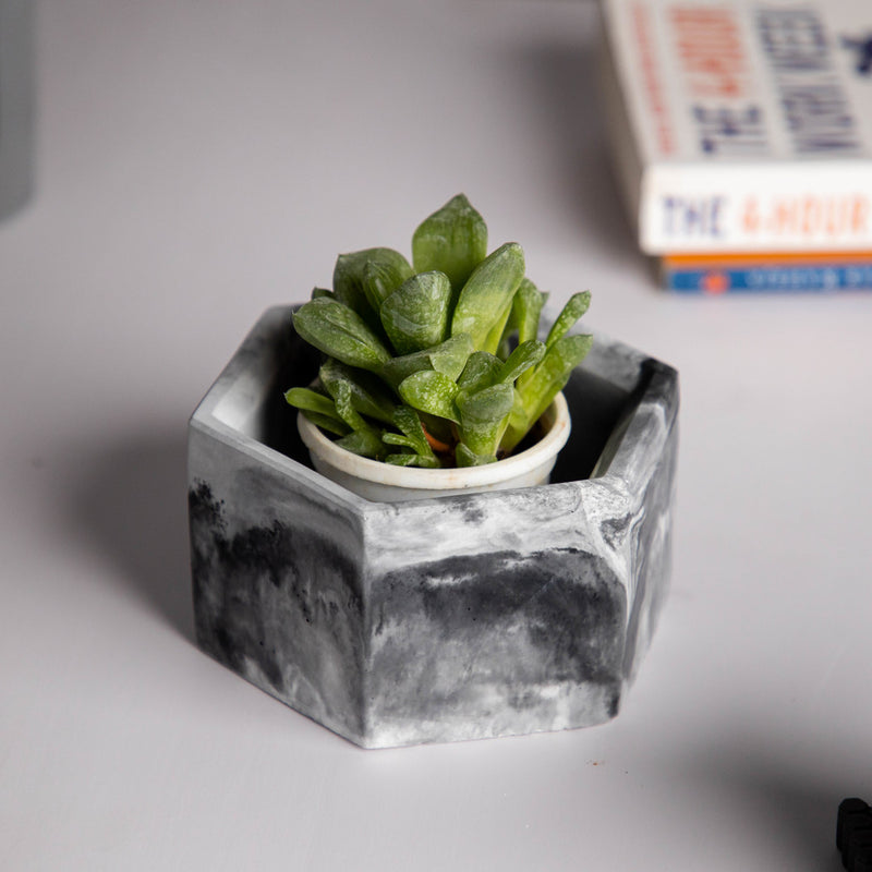 Hexo- Mint marble - Hexagonal concrete pot for succulents & small plants perfect for office and study table