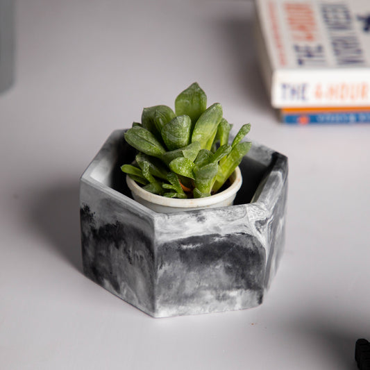 Hexo- Nero marble - Hexagonal concrete pot for succulents & small plants perfect for office and study table