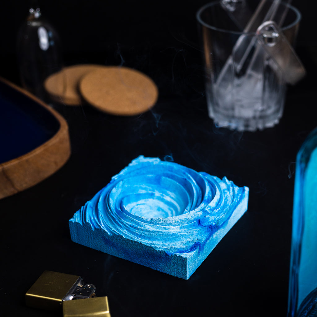 New Cyclone Nero Marble - Spiral Design ashtray resting on a square base- contemporary design ashtray